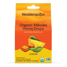 Wedderspoon Organic Manuka Honey Drops, Lemon & Bee Propolis, 20 Count | USDA Organic | Genuine New Zealand Honey, Natural Remedy for Dry Throat