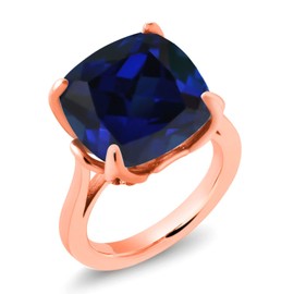 Gem Stone King 18K Rose Gold Plated Silver Blue Created Sapphire and Pink Lab Grown Diamond Engagement Ring For Women (14.10 Cttw, 14MM Cushion, Size 5)