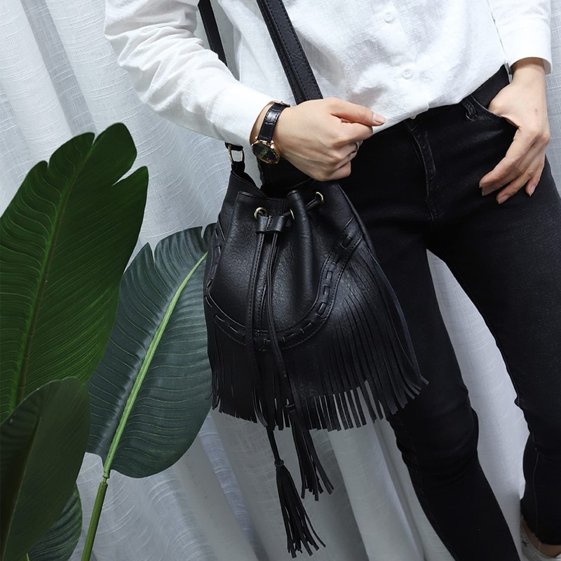 Jywmsc Women's Fringe Tassel Shoulder Bag Leisure Boho Bucket Shoulder