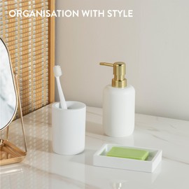 Navaris Decorative Bathroom Accessories Set - 3-Piece Bath Accessory Kit with Toothbrush Holder/Liquid Soap Dispenser/Soap Dish Tray - White