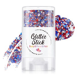 4th of July Body Glitter Stick,Perfect Sparkling Patriotic Theme Day Neon Outfit Singer Concert Music Rave Festival Party Accessories Face and Body American Flag Glitter Makeup.(Red & White & Blue)
