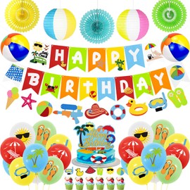 Summer Beach Party Decorations, Beach Theme Pool Birthday Party Supplies Including Birthday Banner Garland Paper Lanterns Balls Cupcake Toppers Balloons Set for Hawaiian Luau Party