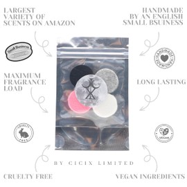 CICIX Scented Vacuum Freshner Discs. 130+ Scents To Pick From. Handmade in England. Strong Scented, Long lasting. Pack of 4x 3cm Discs. Vegan And Cruelty Free. (3 Witches)