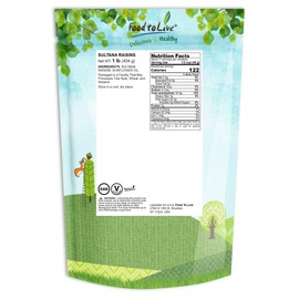 Food to Live Sultana Raisins, 1 Pound – Natural Dried Grapes for Baking, Snacking, and Trail Mixes. No Sugar Added, Unsulfured, Lightly Coated with Sunflower Oil. Perfect Pantry Staple