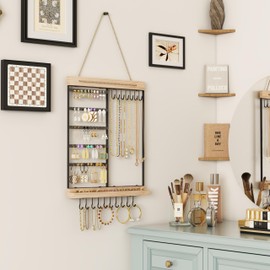 Feyejade Hanging Jewelry Organizer, 5-Tier Wall Earring Holder with Wooden Ring Groove, Jewelry Rack Wall Mounted for Earrings, Necklaces, Bracelets and Rings, Jewelry Holder Stand, Black