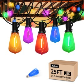 Achin Outdoor String Lights Multicolor - 25FT Colored Patio Lights Waterproof with 13+1 ST38 LED Colorful Bulbs Shatterproof, Rainbow Hanging Lights for Outside Party, Christmas, Holiday