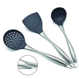 Silicone Stainless Kitchen Cooking Tools Set of 3,Tainless Steel Handle Flexible Silicone Head,includes Wok Spatula,Spoon,Slotted Spoon