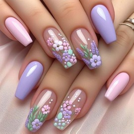 Flower Press on Nails Long Coffin Fake Nails Purple Lavender French False Nails Glue on Nails Spring Glossy Countryside Style Acrylic Nails with Small Flower Design Stick on Nails for Women