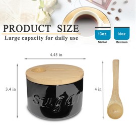NAXIHOPT Sugar Bowl with Lid and Spoon, 16 OZ Airtight Sugar Container for Coffee Bar, Farmhouse Ceramic Jar, Sugar Holder Coffee Bar Accessories for Countertop, Black