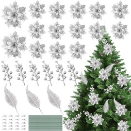 JULBEAR 25 Pcs Christmas Glitter Poinsettia Artificial Flowers, Christmas Tree Flower Decorationsand Berry Leaves for Xmas Wreath Christmas Tree Wedding Party Decorations (Silver)