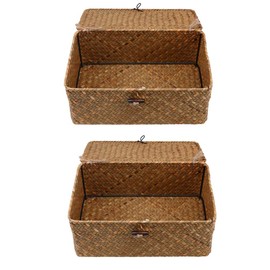 Cabilock Rattan Baskets 2pcs Straw Storage Basket Shelf Basket with Lids Container for Desktop Home Decoration Clothes Towel Sundries Toys Storage Wicker Chests