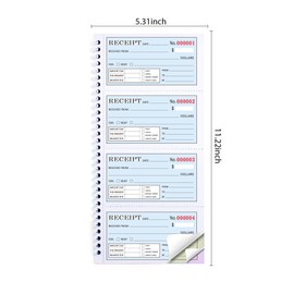 Receipt Book with Carbon Copies,Money and Rent Receipt Book,2-Part Carbonless,5.31" x 11.22",Spiral Bound,200 Sets per Book,4 Receipts per Page.
