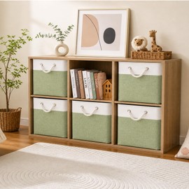 Guoovvs Fabric Storage Cubes, 11 inch cube storage bin with Handles, 11x11cube storage organizer bins, Collapsible Storage Bins for Shelves and Home, Cubby Storage Bins (white-green, 10.5x10.5x11in)