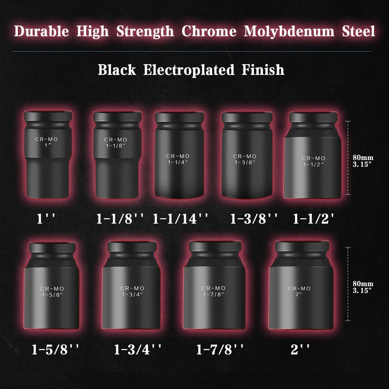 TONYNOL 1 Inch Drive Deep Impact Socket Set,9 Pieces,6-Point,SAE Sizes