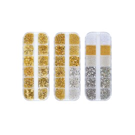 YFFSFDC Nail Parts, Set of 3, Metal Parts, Nail Design, Accessories, Deco Parts, Square, Triangle, Round, Pearl, Flake Parts, Nail Art, Nail Studs, Nail Decoration, Gold Nail Parts Set