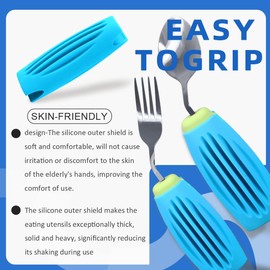 Ehucon Thick Solid Weighted Adaptive Utensils Set, Non-slip Handle Eating Spoon and Fork for Hand Tremors, Arthritis, Parkinsons, Elderly, Adults Use (Green and Blue, Left Hand Spoon and Fork)