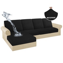 HDCAXKJ 100% Waterproof Sectional Couch Cushion Covers 8 Pieces L Shape Sectional Cover Stretch Chaise Sofa Seat Slipcover Set Jacquard Magic Sofa Cover (Black, 3 Seater + 4 Backrest + 1 Chaise)