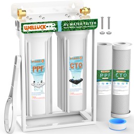 WELLUCK External RV Dual Water Filter System Reduce Chlorine and Odor, Camping Water Filter with mounting Bracket and Leak-Proof Brass Fittings for RVs Camping Trailer Motorhome Boat Marine Drinking
