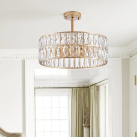 18" Golden Modern Crystal Drum Chandelier,6-Light Pendant Lighting Fixture with Metal Frame for Living Room (Bulbs Not Included)Design Style: Modern, Lamp Power(W): 15, Product Size: 45*45*25cm