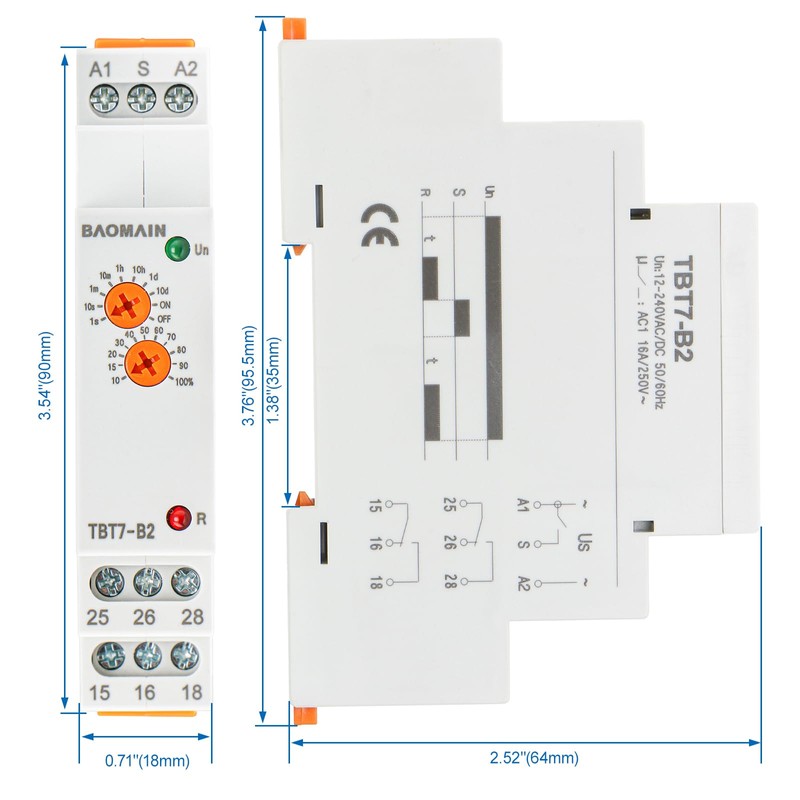 Baomain Multi-Function Time Relay, 16A Delay ON 2 SPDT, DIN