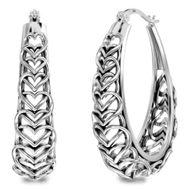 LeCalla 925 Sterling Silver Antique Heart Hoop Earrings for Women | Medium Outline Filigree Heart Hoop Earring | Love Heart Linked Hoop Earring 32MM