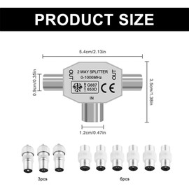 TV Aerial Splitter – 2-Way Coaxial Splitter (1 Female to 2 Male) with 7 TV Aerial Connector Adapters – Compatible with Cable TV & Antenna – Shielded Metal Housing & Signal Booster