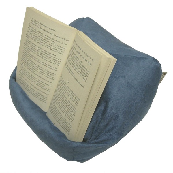 LESEfit Soft Book Cushion Reading Cushion - Free Malleable Book Holder for Bed - Handmade from Non-Slip Faux Suede & Micro Beads - Soft Washable Rotatable - Matte Blue