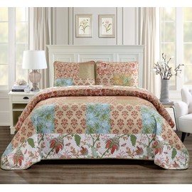 Quilted Bedspread Set Oversized Coverlet Floral Patchwork Beige Rust Light Blue Green White New (King/Cal King)