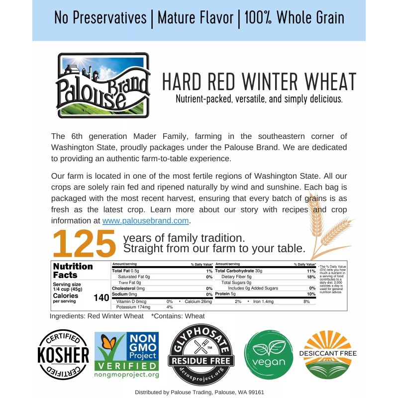 Palouse Brand Bulk Red Winter Wheat Berries, 18 LBS