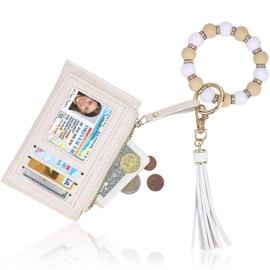 Bazasa Wristlet Wallet Bracelet Keychain Credit Card Holder Silicone Bead Tassel Keychain Bangle Key Ring for Women with Coin Pocket and Id Window (Beige)