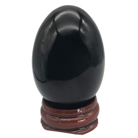 Ladeukoi Stone Egg Figures, Polished Healing Crystal Easter Eggs Ball Sculpture with Wooden Stand, 45 mm Large, Black Obsidian
