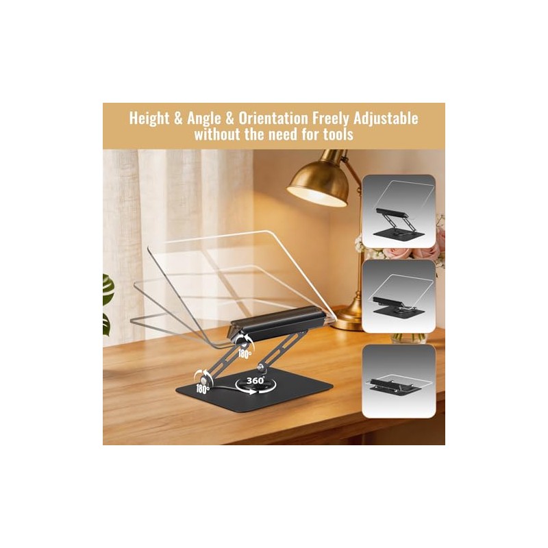 HAUTOCO Adjustable Acrylic Book Stand for Reading, 360° Rotating Base,