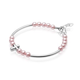 Luxury Child Banglet Bracelet with Silver Cross and Pink Pearls (BD25_M)