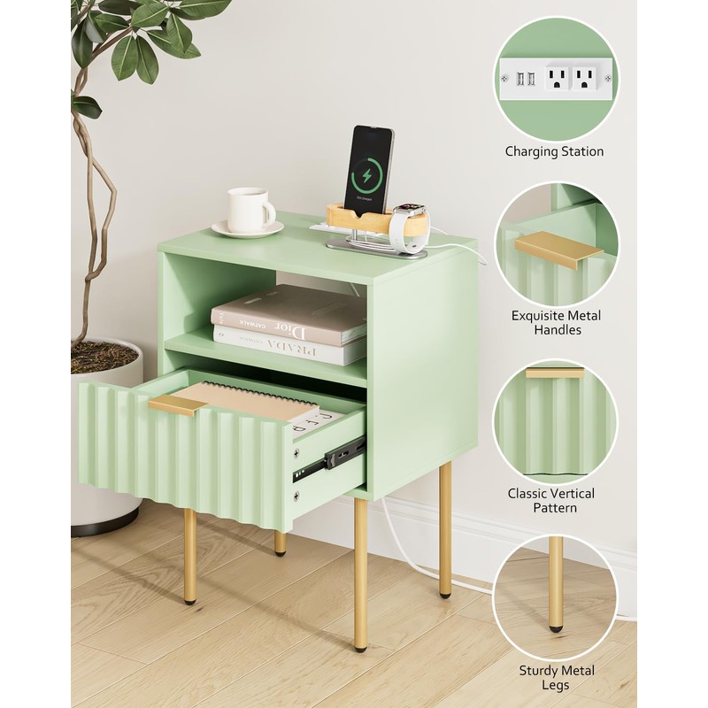 Masupu Nightstand with Charging Station,Mid-Century Modern Bedside Table with Storage
