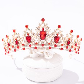 FORSEVEN FORSEVEN Crystal Tiaras for Women, Wedding Tiaras and Crowns for Women Tiaras for Girls Birthday Party Princess Crown Hair Accessories Bride Rhinestone Headbands (Gold+Red)