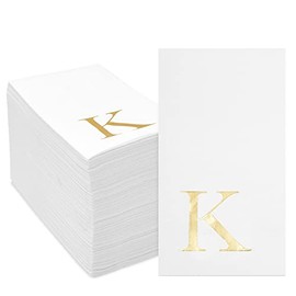 Sparkle and Bash - Paquete de 100 servilletas de papel de monograma blanco con letra K para recepción de boda, decoración de mesa (4 x 8 pulgadas) - Servilletas K doradas