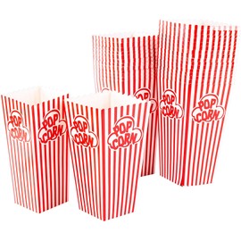 GSM Brands Popcorn Containers Boxes (100 Pack) - Striped White and Red Paper - for Home Movie Theater
