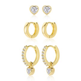 ALEXCRAFT Women's 925 Silver Earrings, Small Heart Stud Earrings, Heart Hanging Hoop Earrings, Hypoallergenic, Small Earrings, Stud Earrings Set, Glitter Zircon Huggie Hoop Earrings Set for Women and