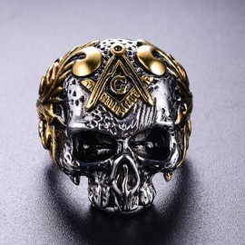 Jude Jewelers Stainless Steel Gothic Skull Vintage Masonic Biker Ring (Silver & Gold, 9)