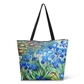 Jolamirel Irises Flowers Shoulder Tote Bag for Women Van Gogh Painting Art Durable Paper Tote Bags, Water Resistant Large Tote Bag for Beach