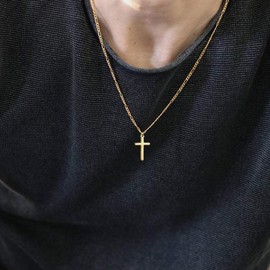 Cross Necklace for Men Polished 14K Gold Filled Stainless Steel Plain Cross Pendant Figaro Chain Necklace Simple Religious Jewelry Gift for Women 16 Inches
