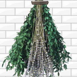 Dried Eucalyptus Stems with Lavender Flowers Bundle for Shower, 17'' Natural Fresh Eucalyptus Leaves Branches Hanging Dried Lavender Shower Plant for SPA Home Fragrance Bathroom Wall Table Vase Decor