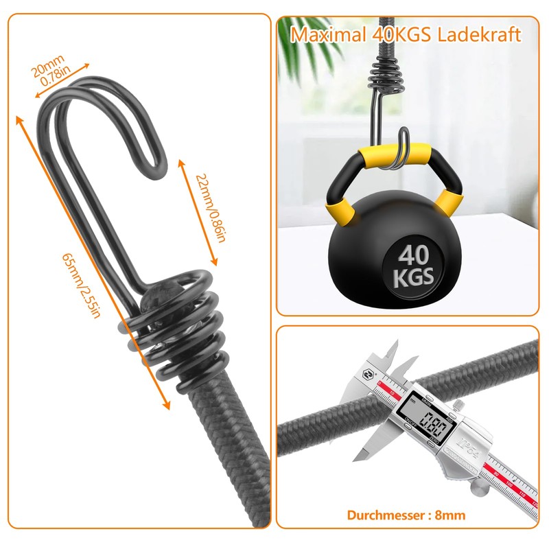 Pack of 10 Elastic Straps with Hooks Set 30 cm