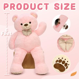 Karister 6ft Giant Teddy Bear Stuffed Animal, 72" Life Size Pink Teddy Bear Plush Toy, Cuddly Stuffed Bear Gift for Girlfriend, Wife, Kids at Birthday Valentine's Day, Christmas, Baby Shower Decor
