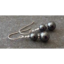 Dark Grey Haematite Gemstone & Sterling Silver Hook Drop Earrings + Gift Box