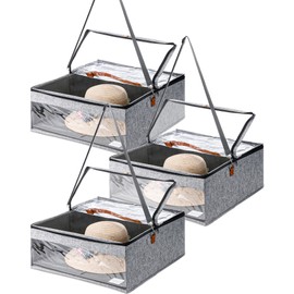 Kigley 3 Pcs Hat Storage Boxes, Hat Travel Case, Hats Organizer with Lids Cowboy Hat Holder for Baseball Caps Collapsible Foldable Stackable Hat Box for Men Women Home Closet, Grey