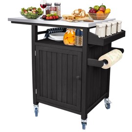 Outdoor Grill Table, Solid Wood Grill Cart with Storage, Outdoor Prep Table with Stainless Steel Top, BBQ Tables Cart with Lockable Wheels, Movable Kitchen Island for Outside Patio Backyard, Walnut