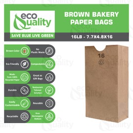 EcoQuality 500 Brown Kraft Paper Bag (16 lb) Small - Paper Lunch Bags, Snacks, Gift Bags, Grocery, Merchandise, Party Bags,to Go, Carry Out, Recyclable (7 3/4" x 4 13/16" x 16") (16 Pound Capacity)