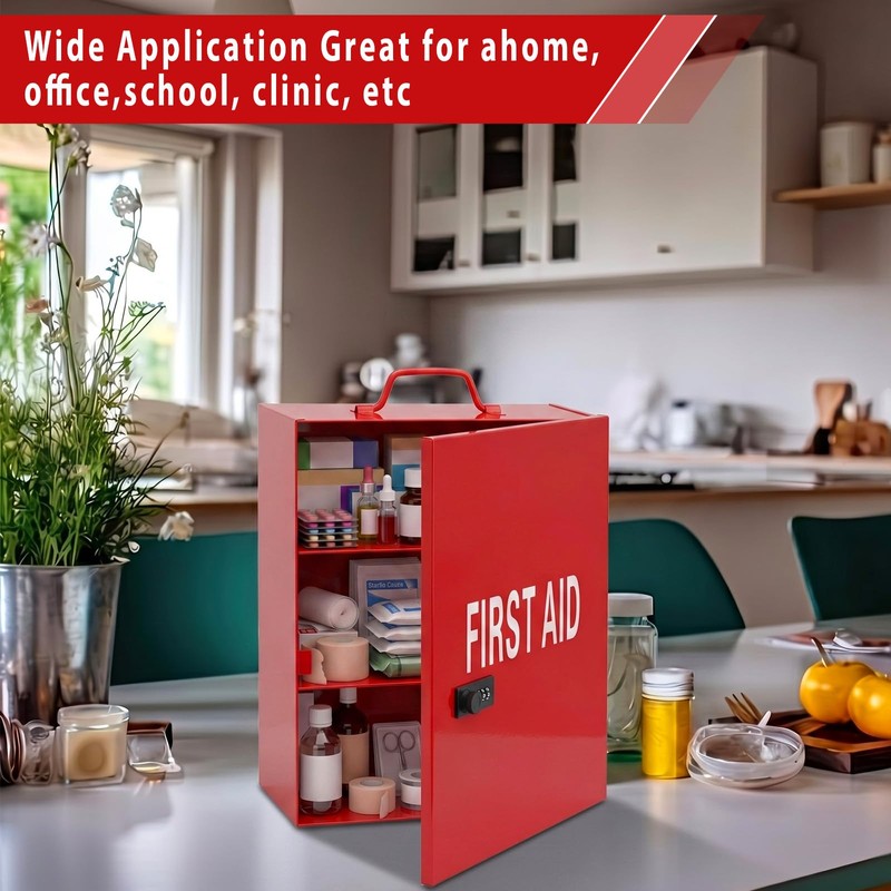 First Aid Cabinet with Combination Lock & Key 3 Shelf,Red