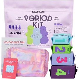 Scarlet By RedDrop Tween Period Kit for Girls 9–12 (45 Pcs) | 36 Pads with Wings (Light, Moderate, Heavy, Max), 5 Wipes, PU Bag, Education Booklet, Bathroom Pass & Sticker Sheet